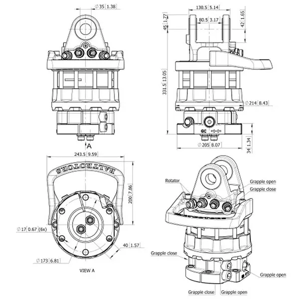 Baltrotors GR104DB - Rotator +100/-80 kN with 6 Hole Flange - for MHS Forestry Clamps