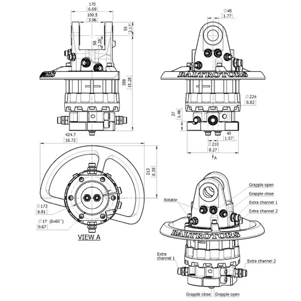 Baltrotors GRS12S - Rotator +120/-90 kN with 6 Hole Flange - for MHS Forestry Clamps