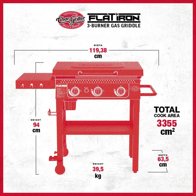 Char-Griller Flat Iron 3 Burner - Gas BBQ Grill with 3 Independent Burners