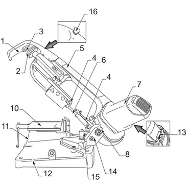 Components of the Femi NG120 XL band saw