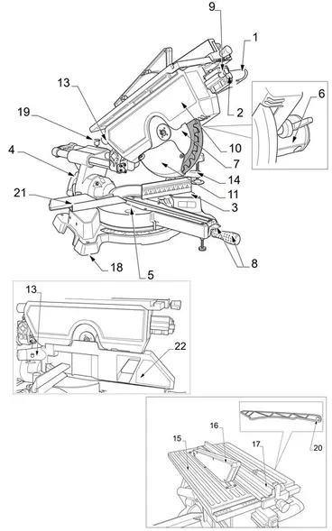 Components of the 1050 3D wood and aluminum cutting circular saw