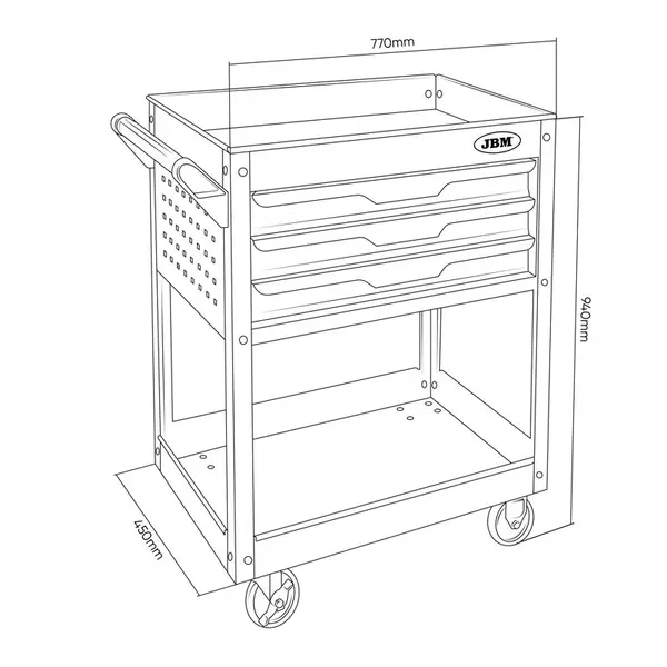 JBM 54839 - Professional Work Trolley with 3 Drawers, Tray and Grids