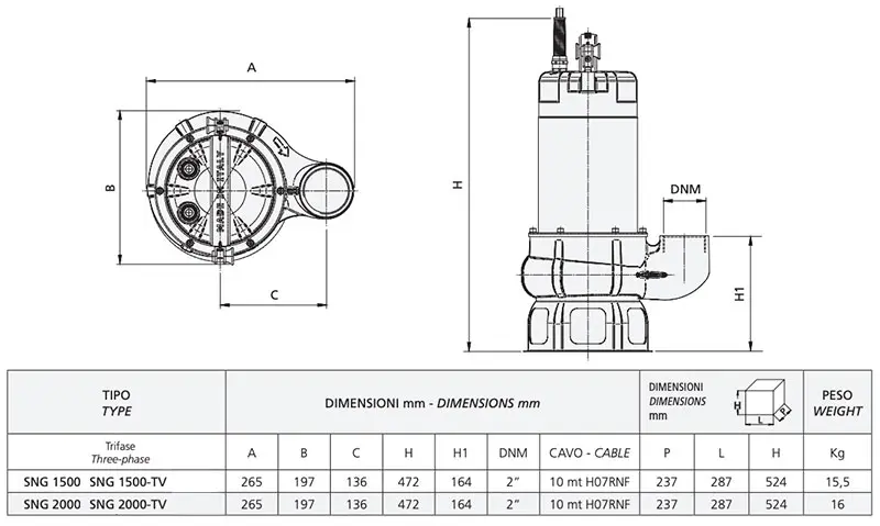 Speroni SNG 1500-TV and SNG 2000-DV Three-phase 400V - Electric pumps for drainage of dirty water